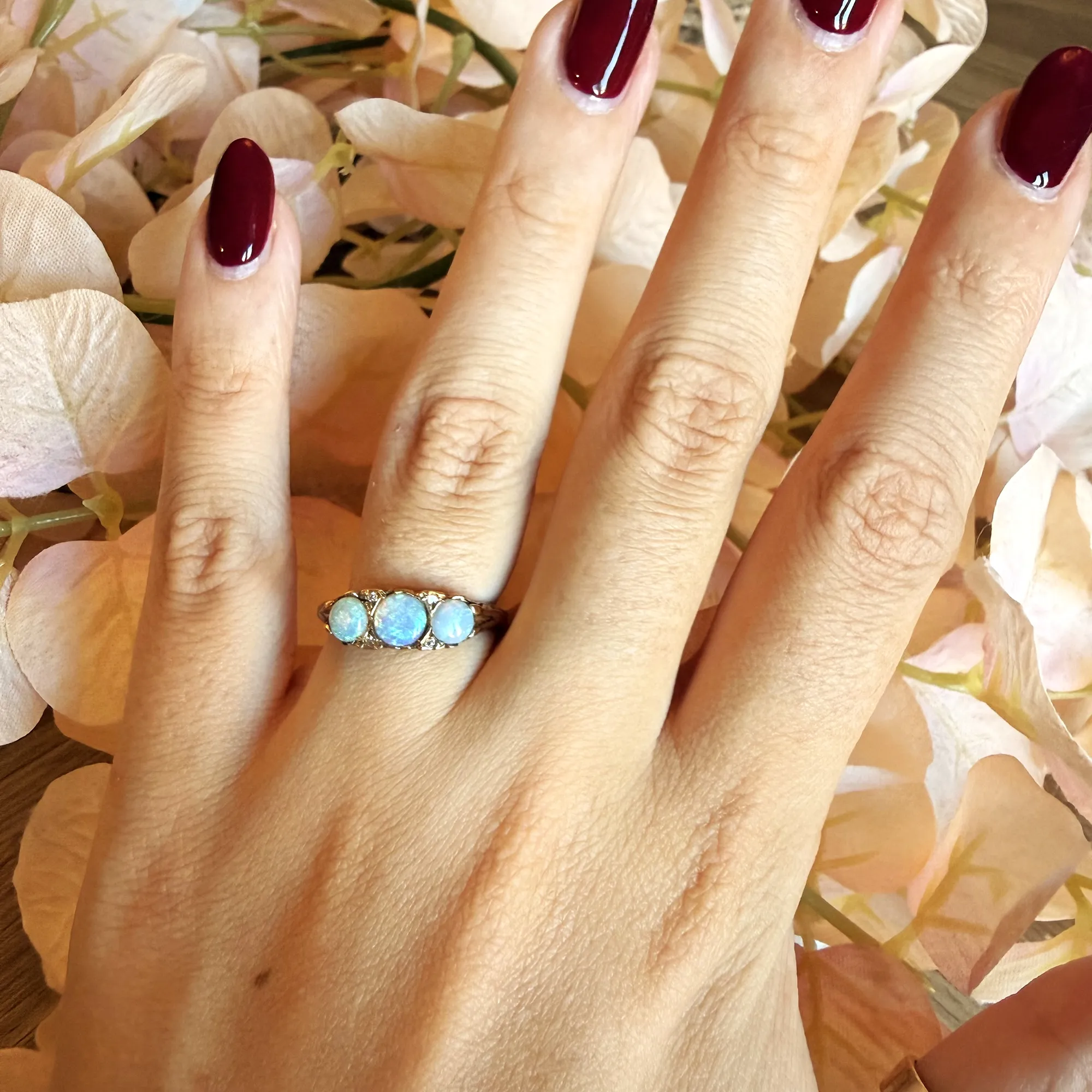 Vintage 9ct Yellow Gold Opal & Diamond Boat Ring, London 1984 — image 9