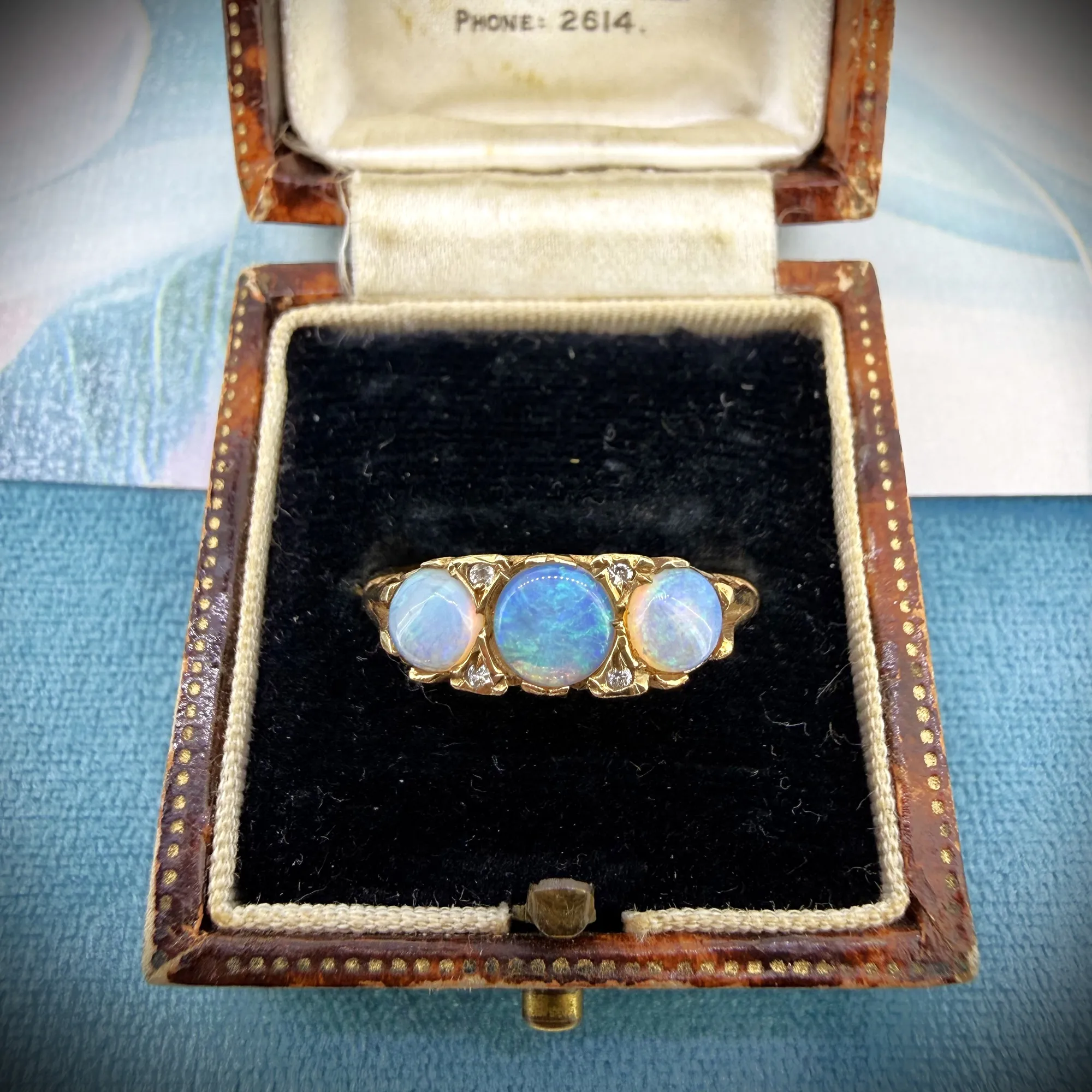 Vintage 9ct Yellow Gold Opal & Diamond Boat Ring, London 1984