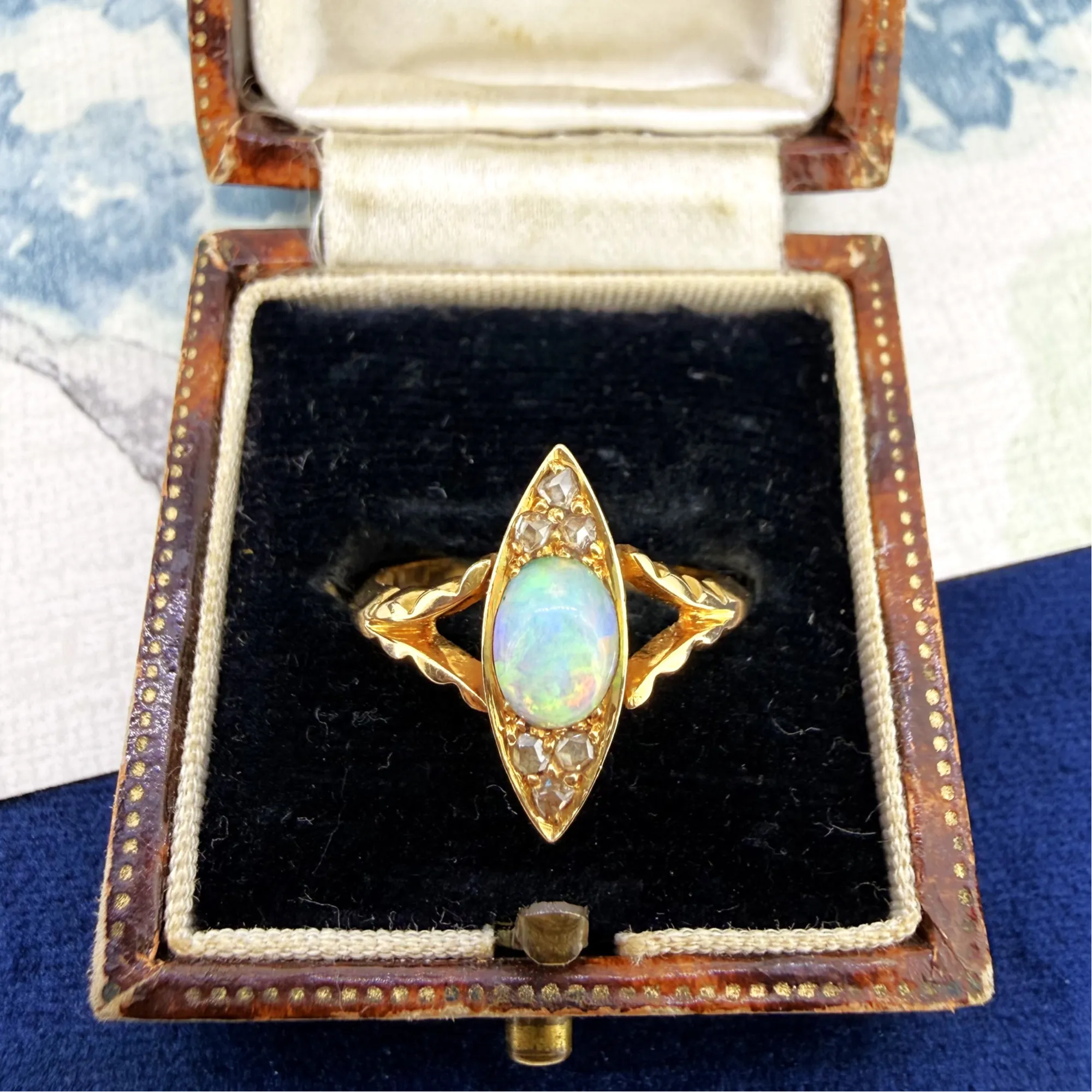 Antique 18ct Gold Opal & Diamond Navette Ring — image 2