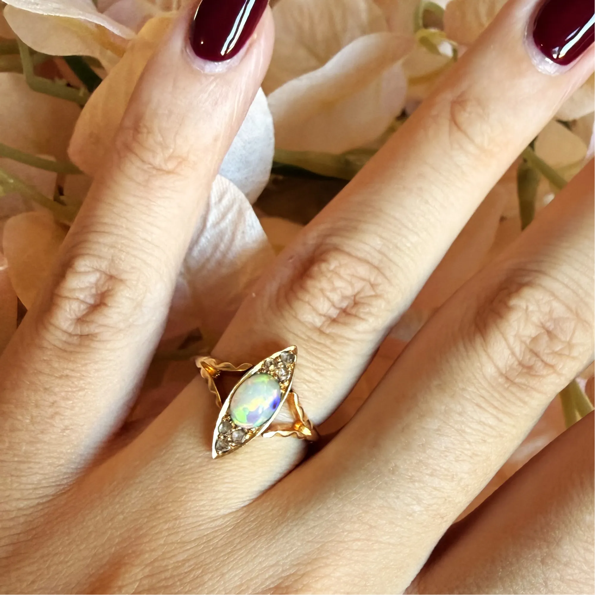 Antique 18ct Gold Opal & Diamond Navette Ring — image 11