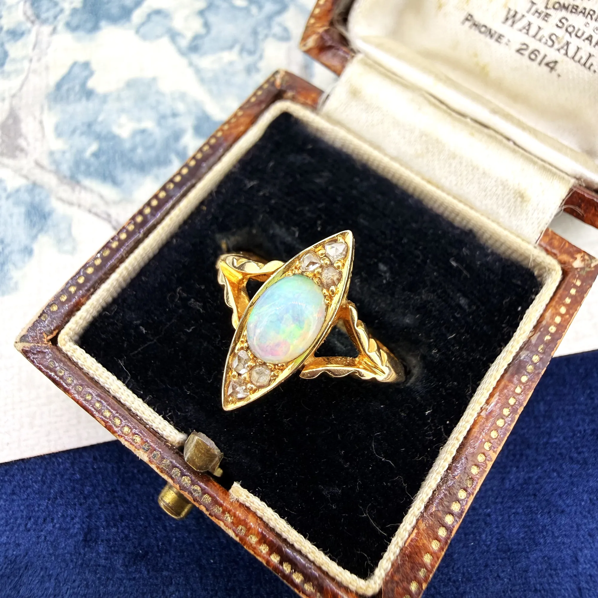 Antique 18ct Gold Opal & Diamond Navette Ring — image 3