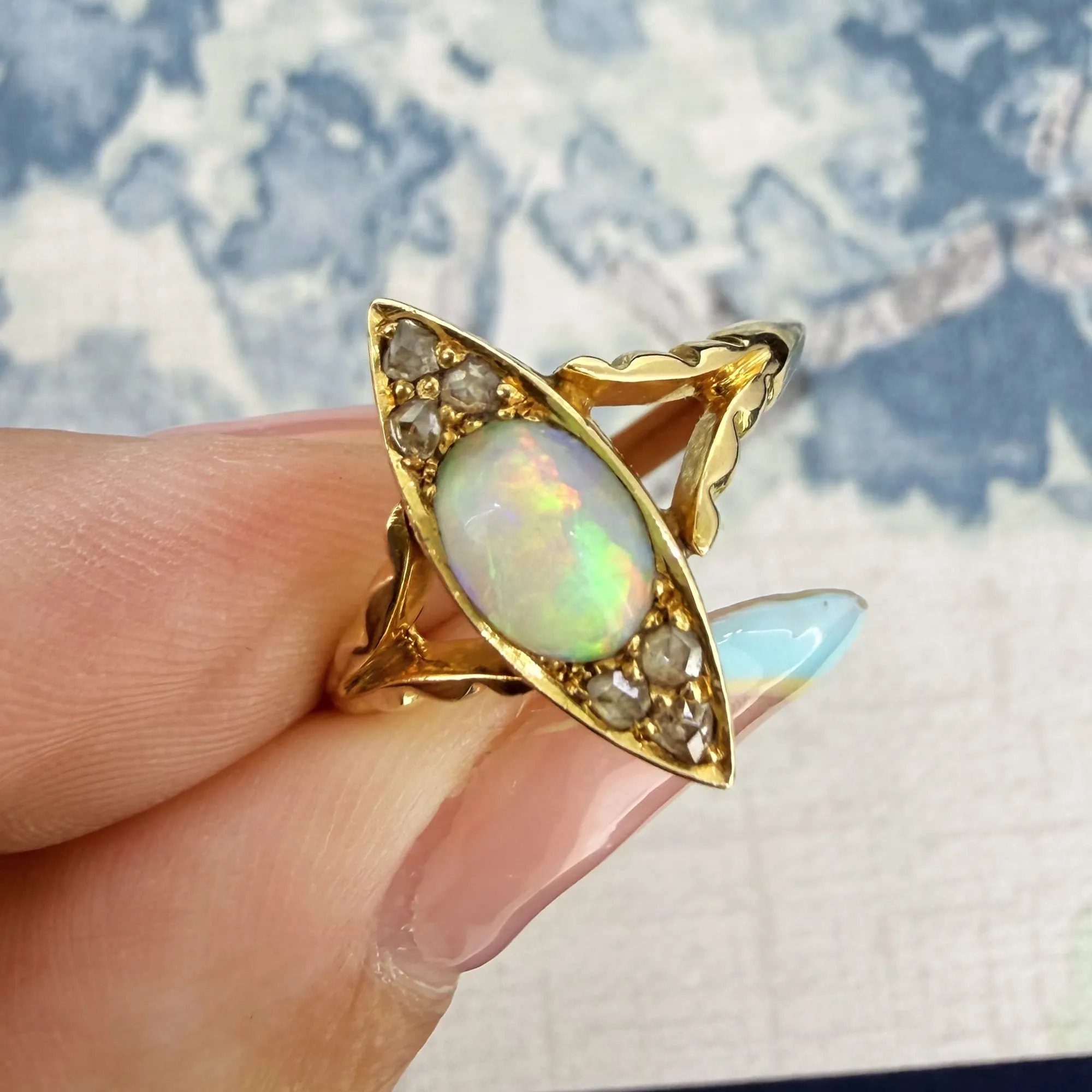 Antique 18ct Gold Opal & Diamond Navette Ring — image 5