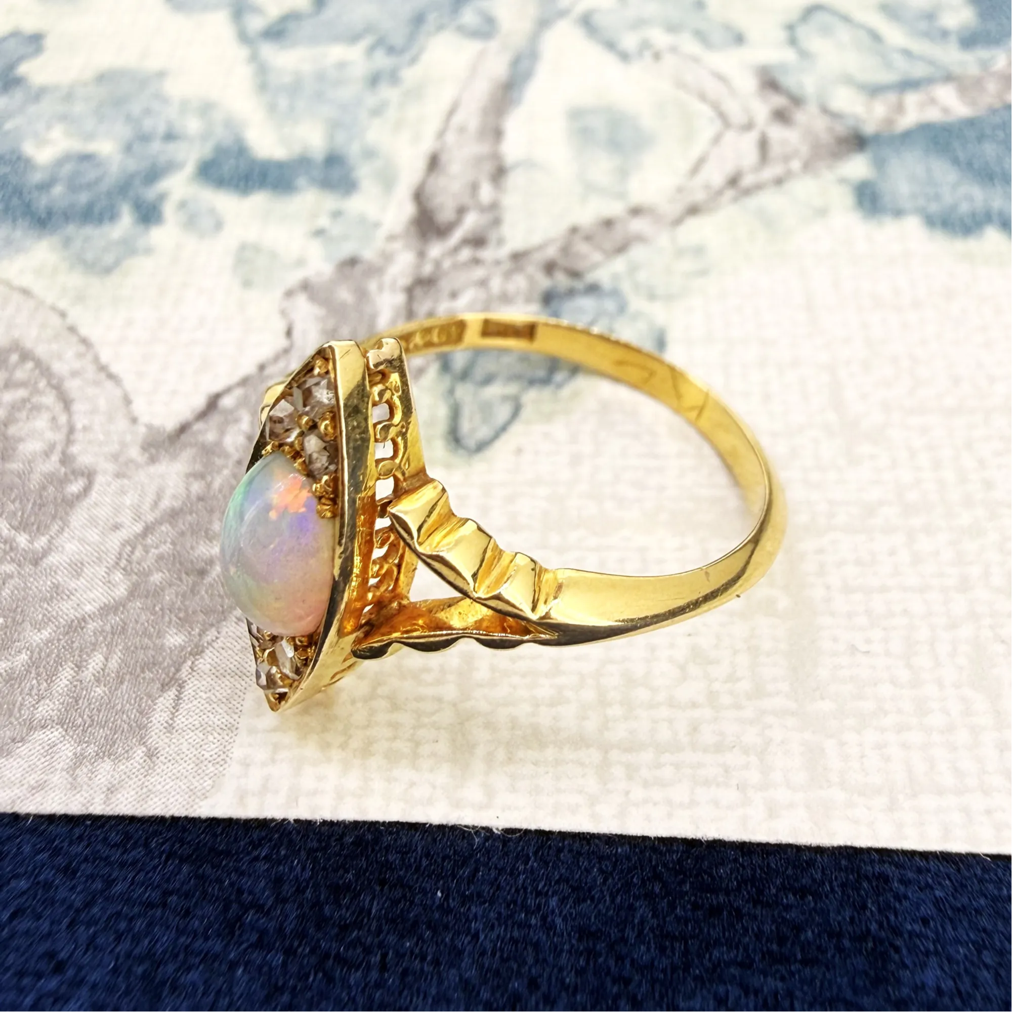 Antique 18ct Gold Opal & Diamond Navette Ring — image 6