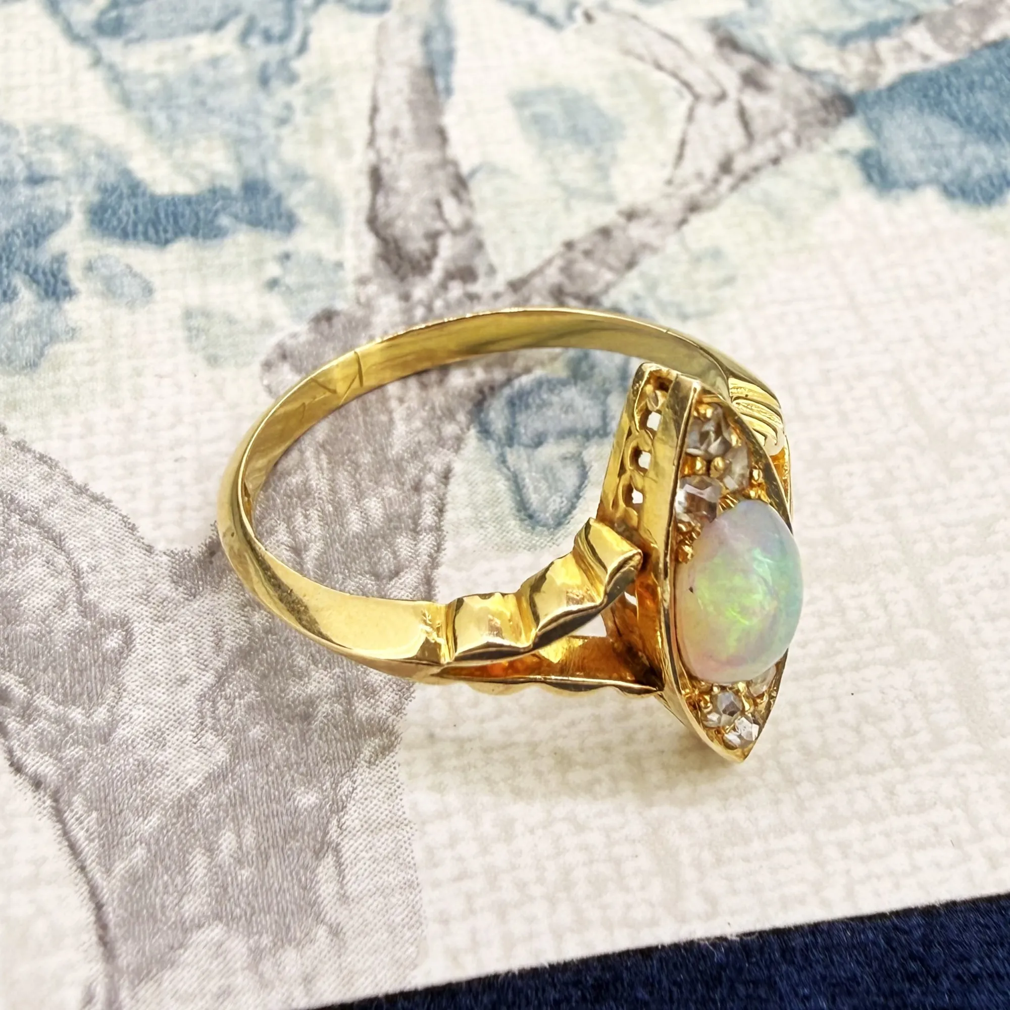 Antique 18ct Gold Opal & Diamond Navette Ring — image 7