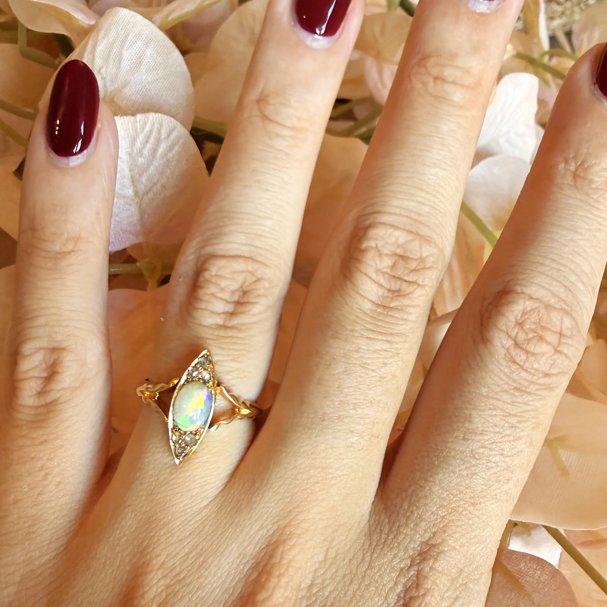 Antique 18ct Gold Opal & Diamond Navette Ring — image 10