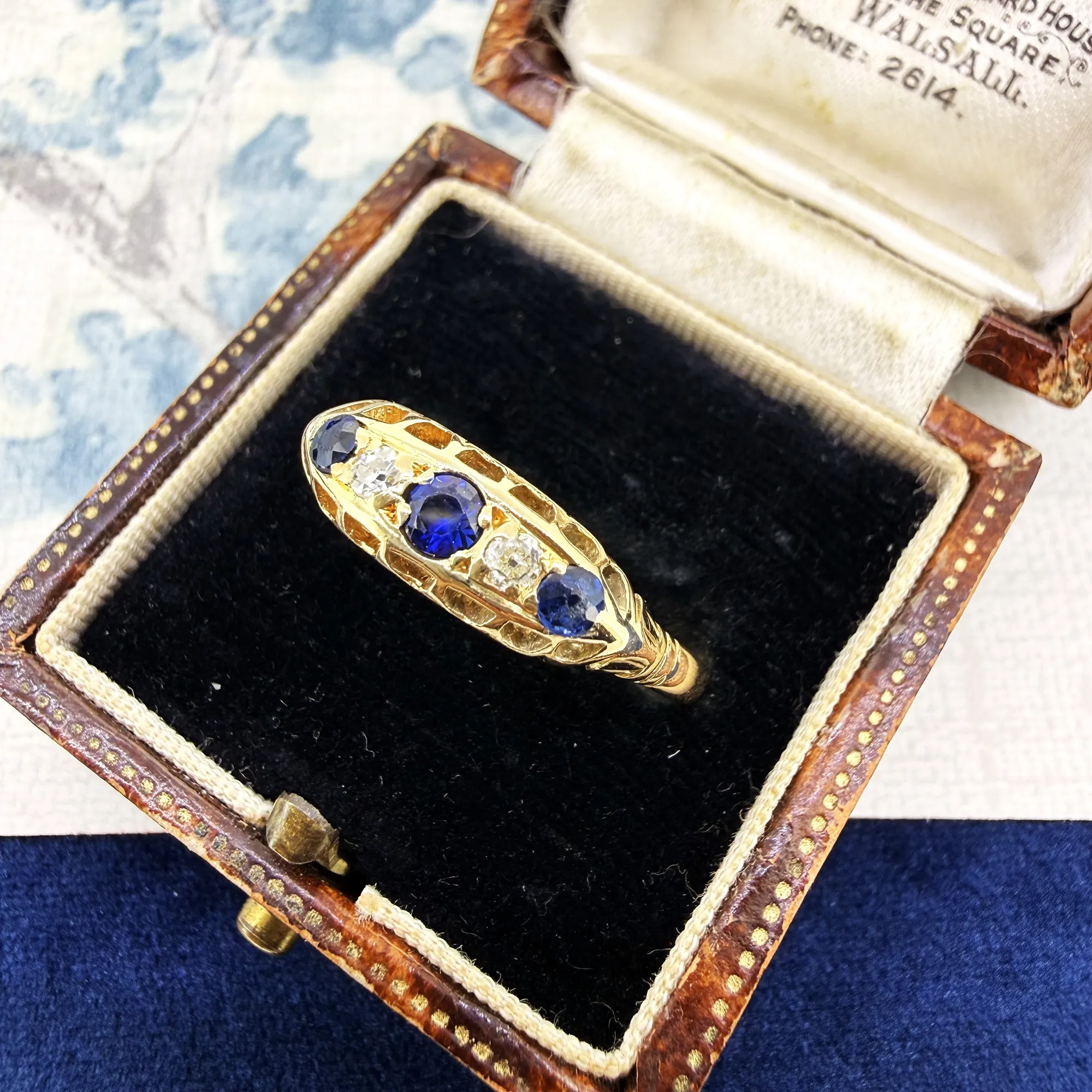 Antique 18ct Yellow Gold Sapphire & Diamond Five-Stone Boat Ring — image 3