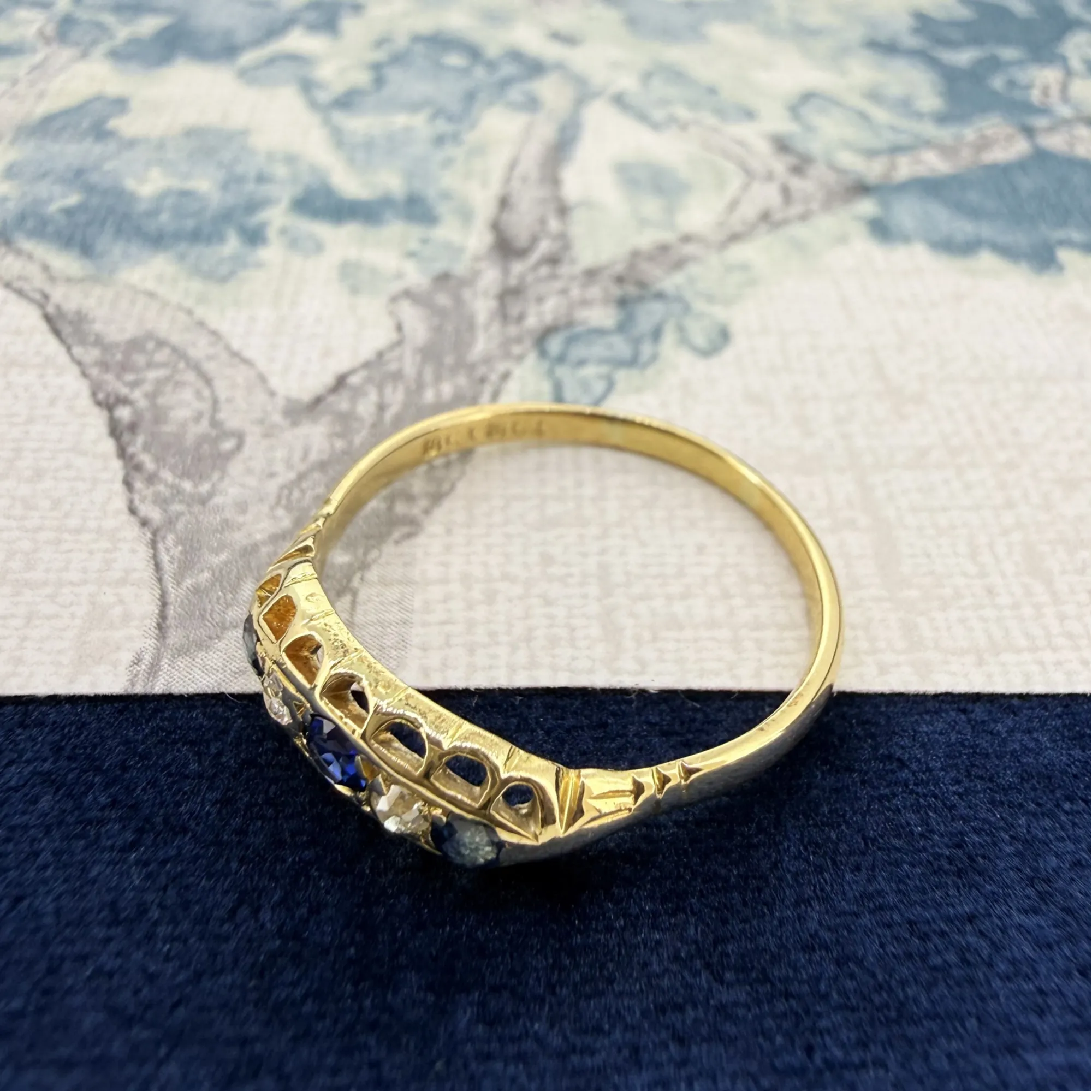 Antique 18ct Yellow Gold Sapphire & Diamond Five-Stone Boat Ring — image 6