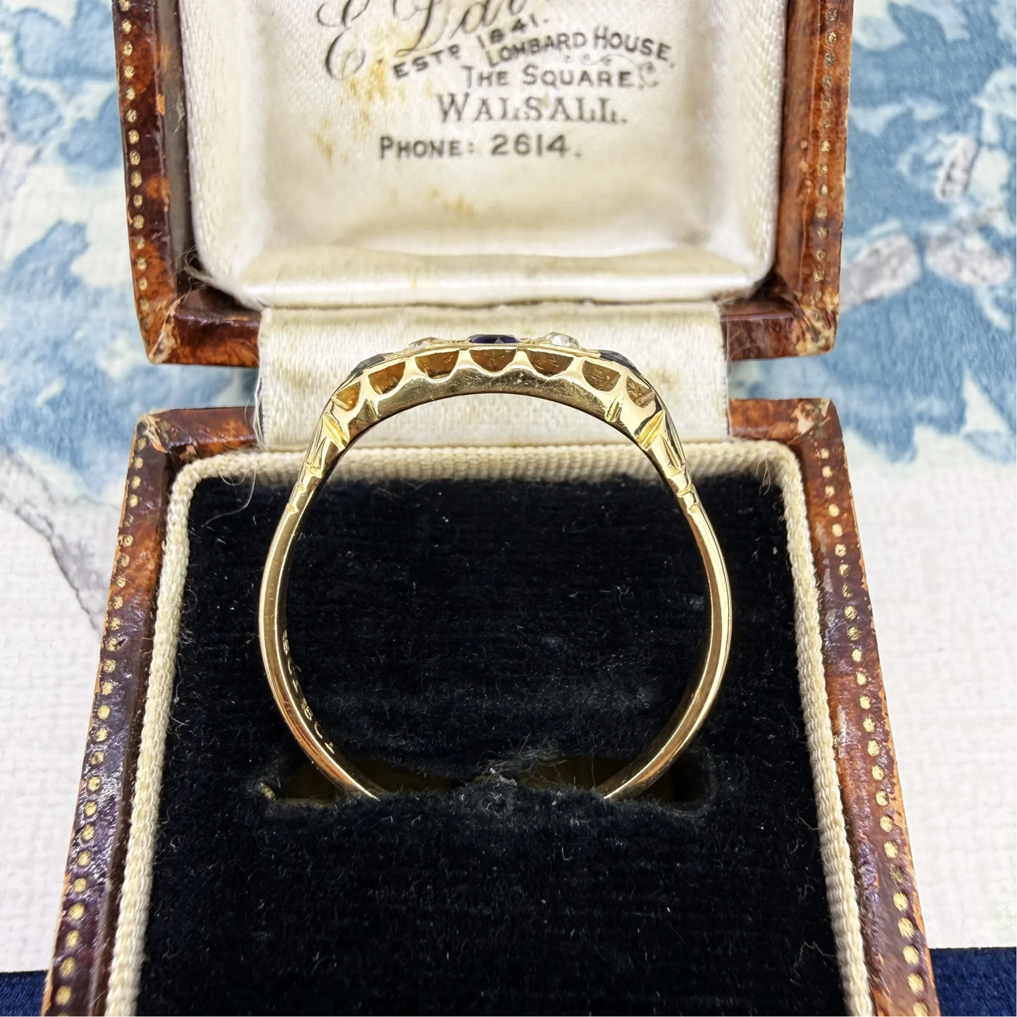 Antique 18ct Yellow Gold Sapphire & Diamond Five-Stone Boat Ring — image 9