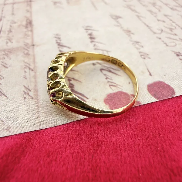 Birmingham 1938! 18ct Yellow Gold Antique Ruby and Diamond Boat Ring — image 6