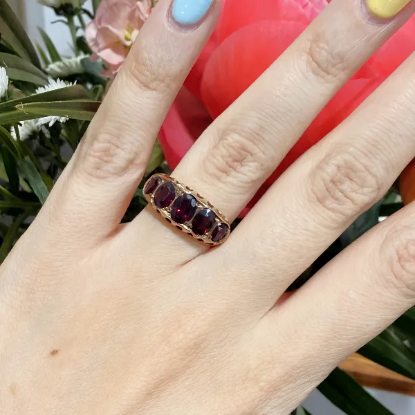 Chester 1916! Antique Edwardian 9ct Rose Gold Five Stone Garnet Ring — image 11