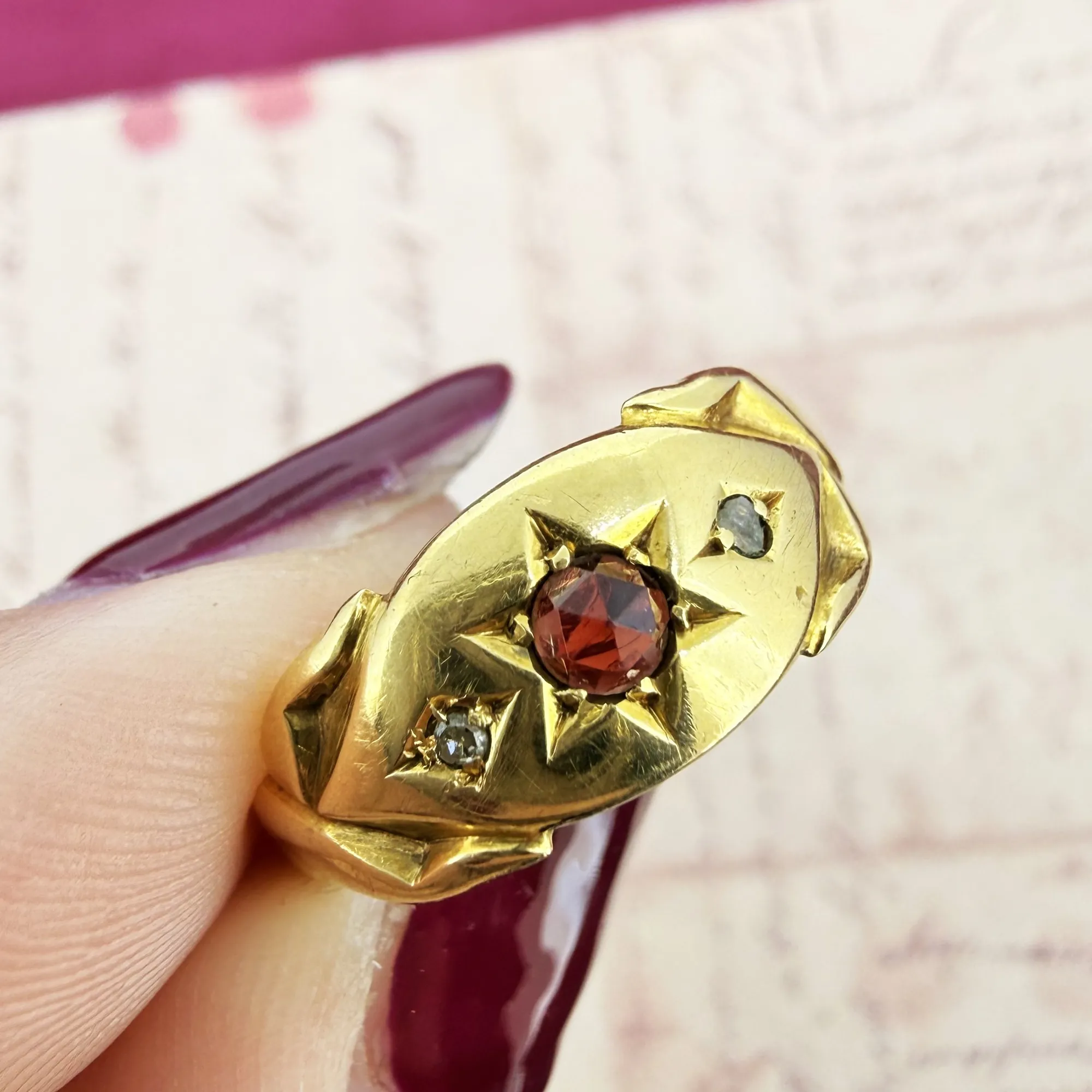 Edwardian 18ct Gold Garnet & Diamond Ring, Birmingham 1906 — image 5