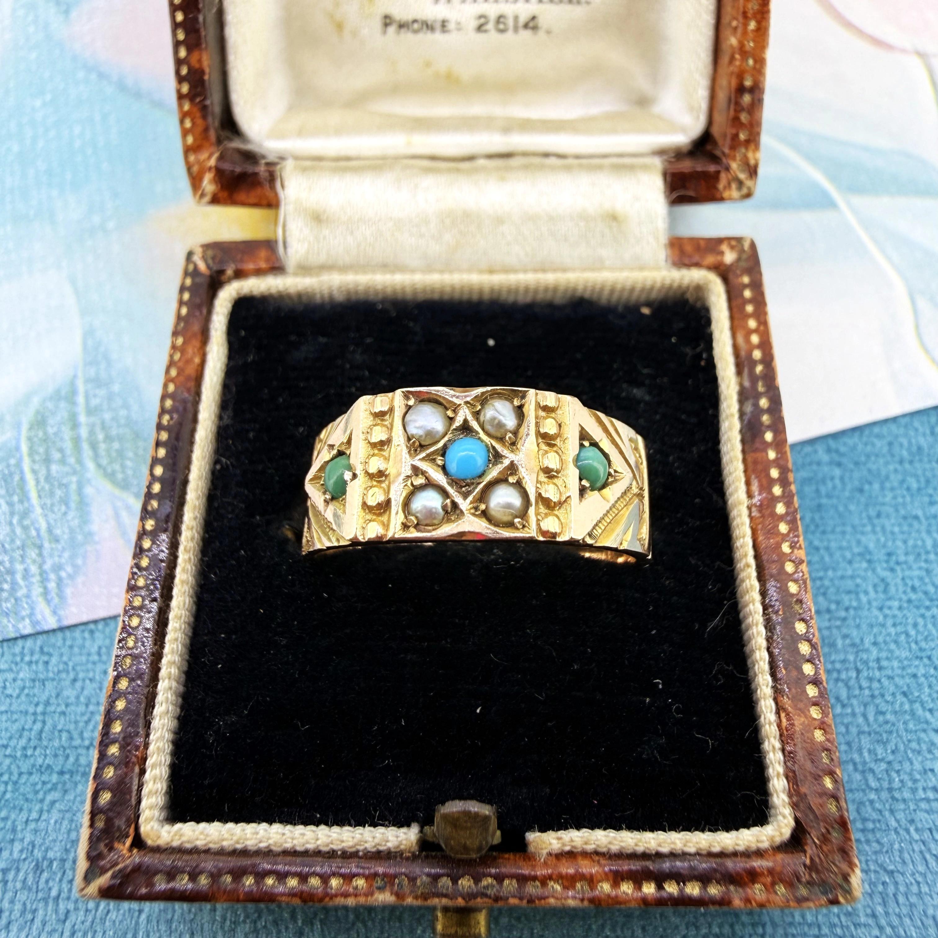 Birmingham 1883! Victorian 9ct Yellow Gold Turquoise and Pearl Ring — image 2