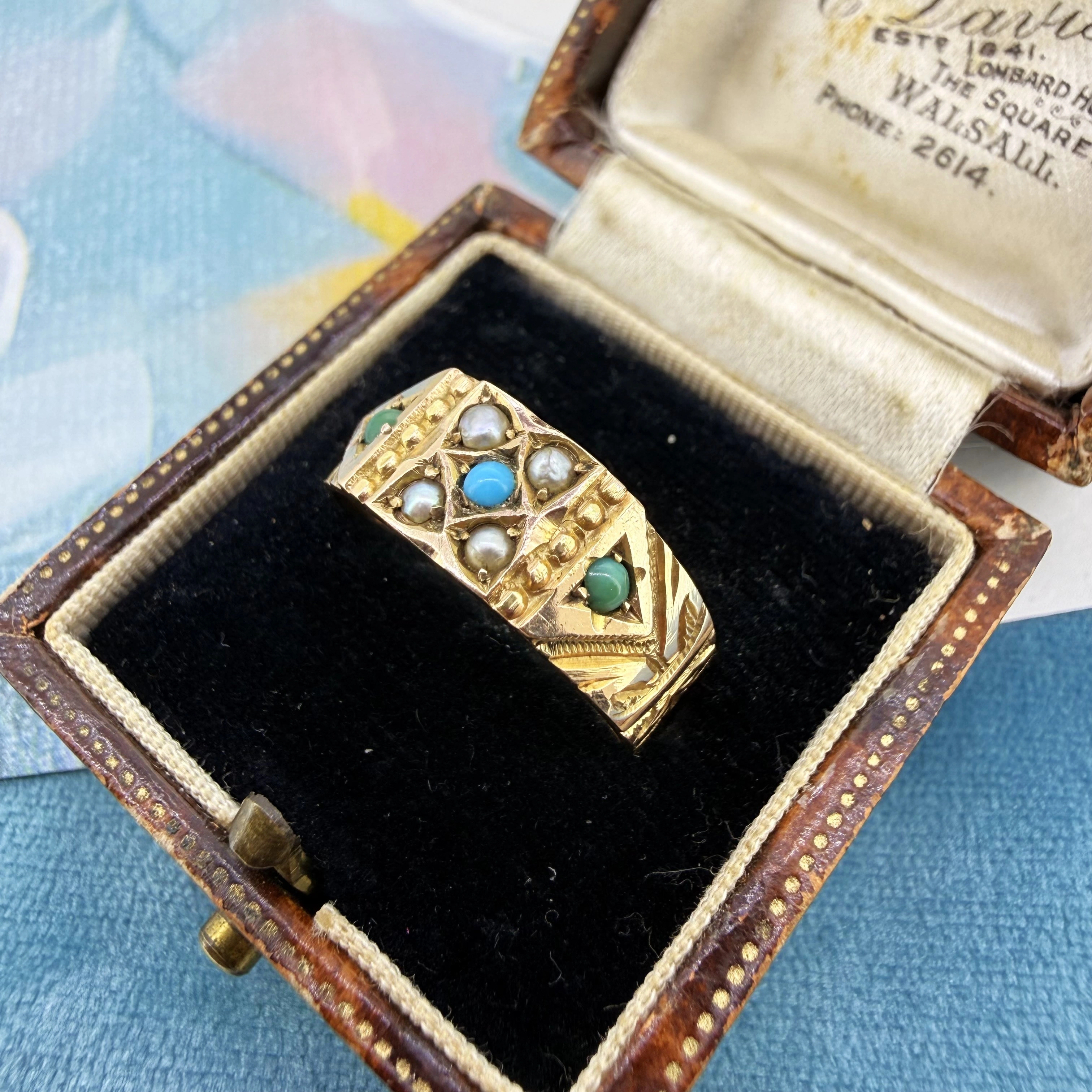 Birmingham 1883! Victorian 9ct Yellow Gold Turquoise and Pearl Ring — image 3