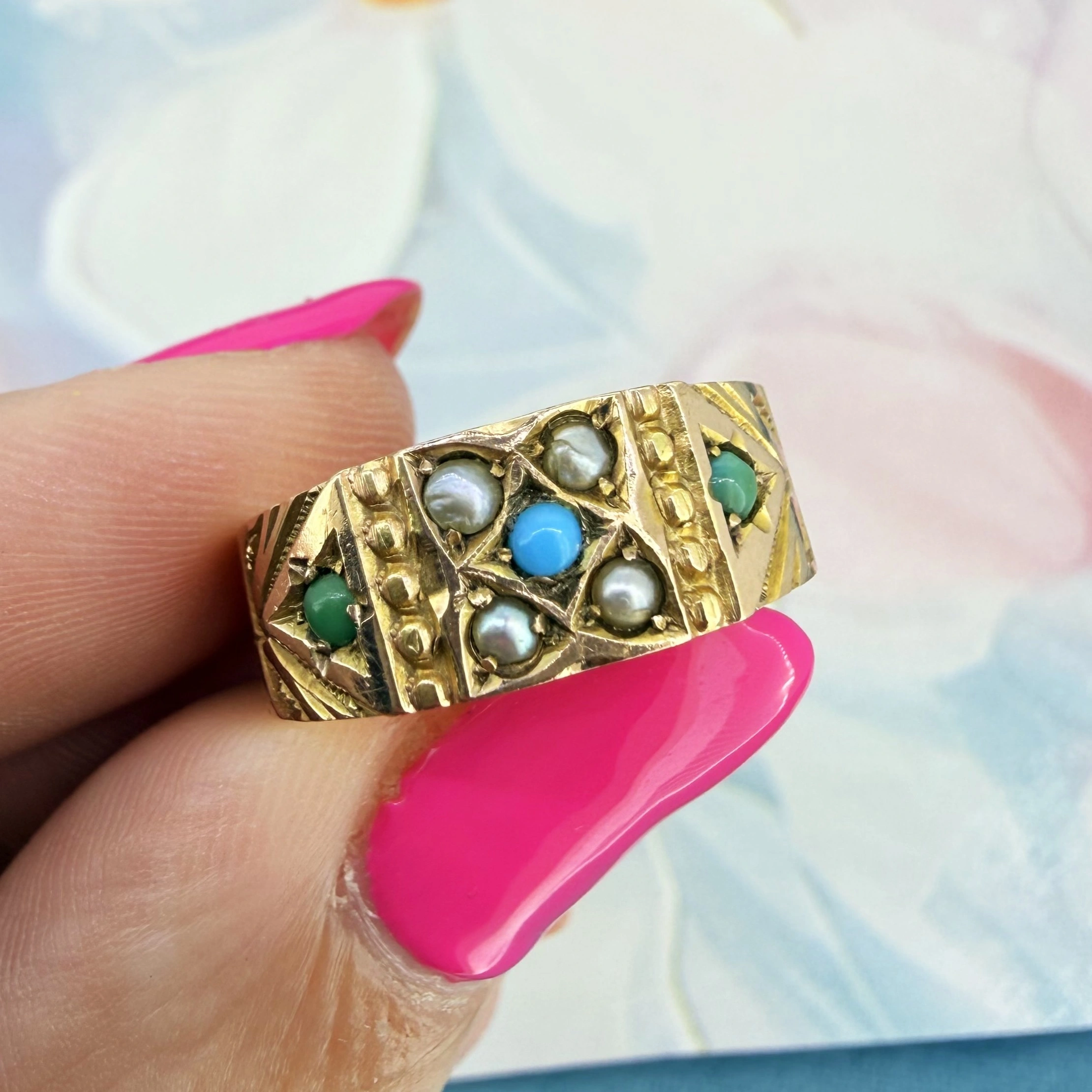 Birmingham 1883! Victorian 9ct Yellow Gold Turquoise and Pearl Ring — image 5