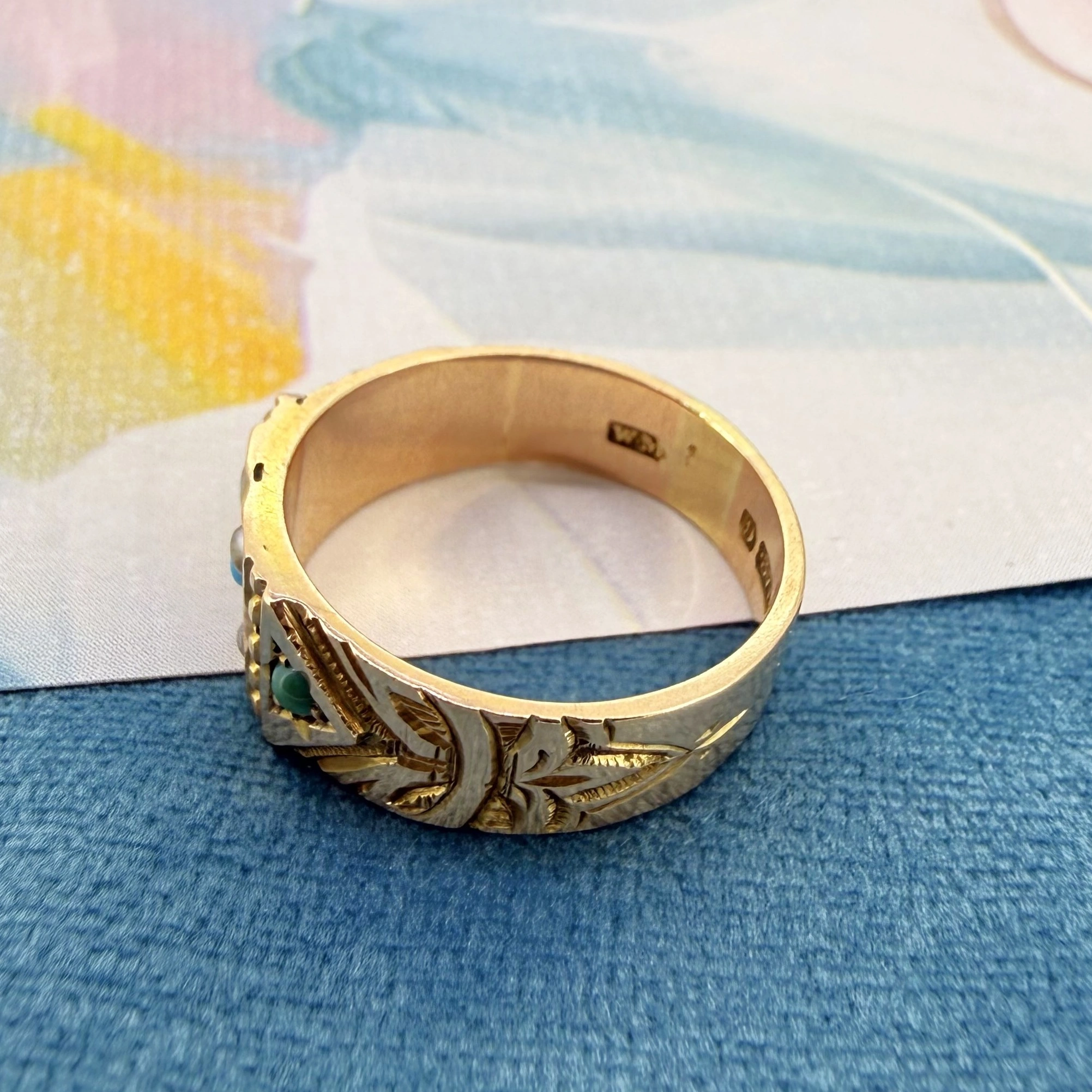 Birmingham 1883! Victorian 9ct Yellow Gold Turquoise and Pearl Ring — image 6