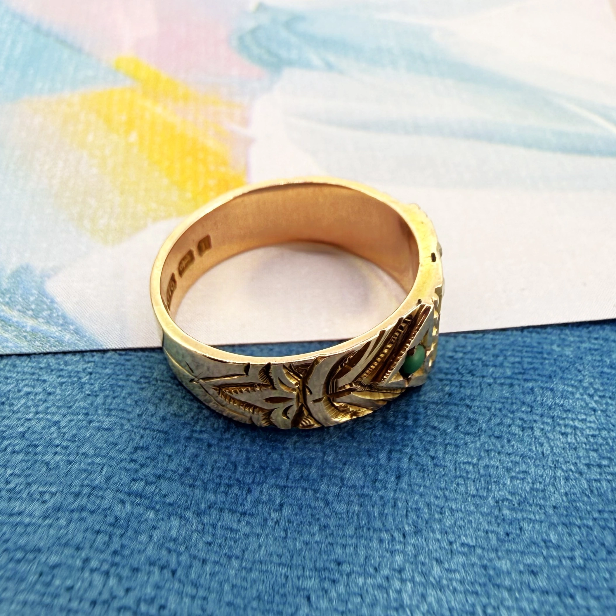 Birmingham 1883! Victorian 9ct Yellow Gold Turquoise and Pearl Ring — image 7