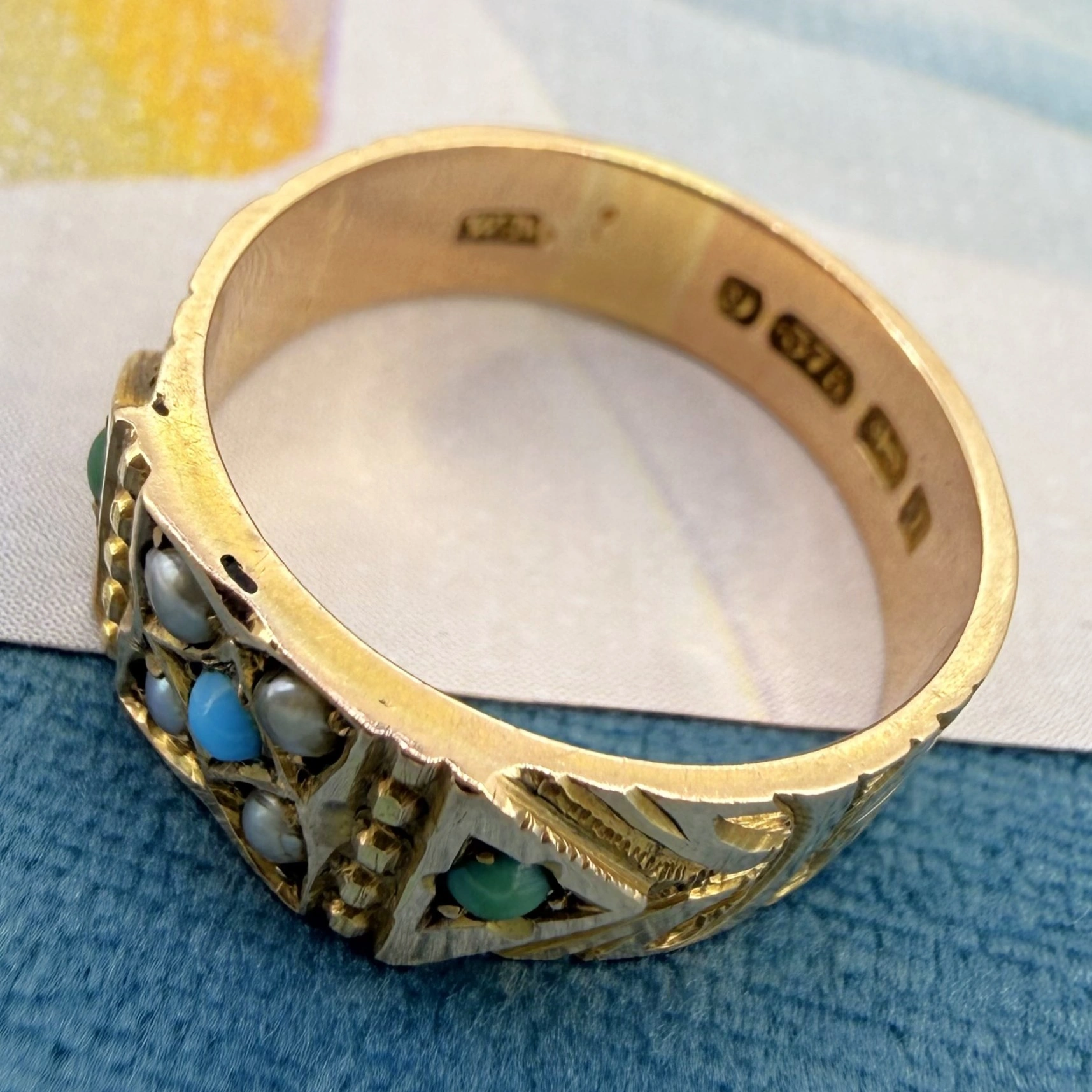 Birmingham 1883! Victorian 9ct Yellow Gold Turquoise and Pearl Ring — image 8