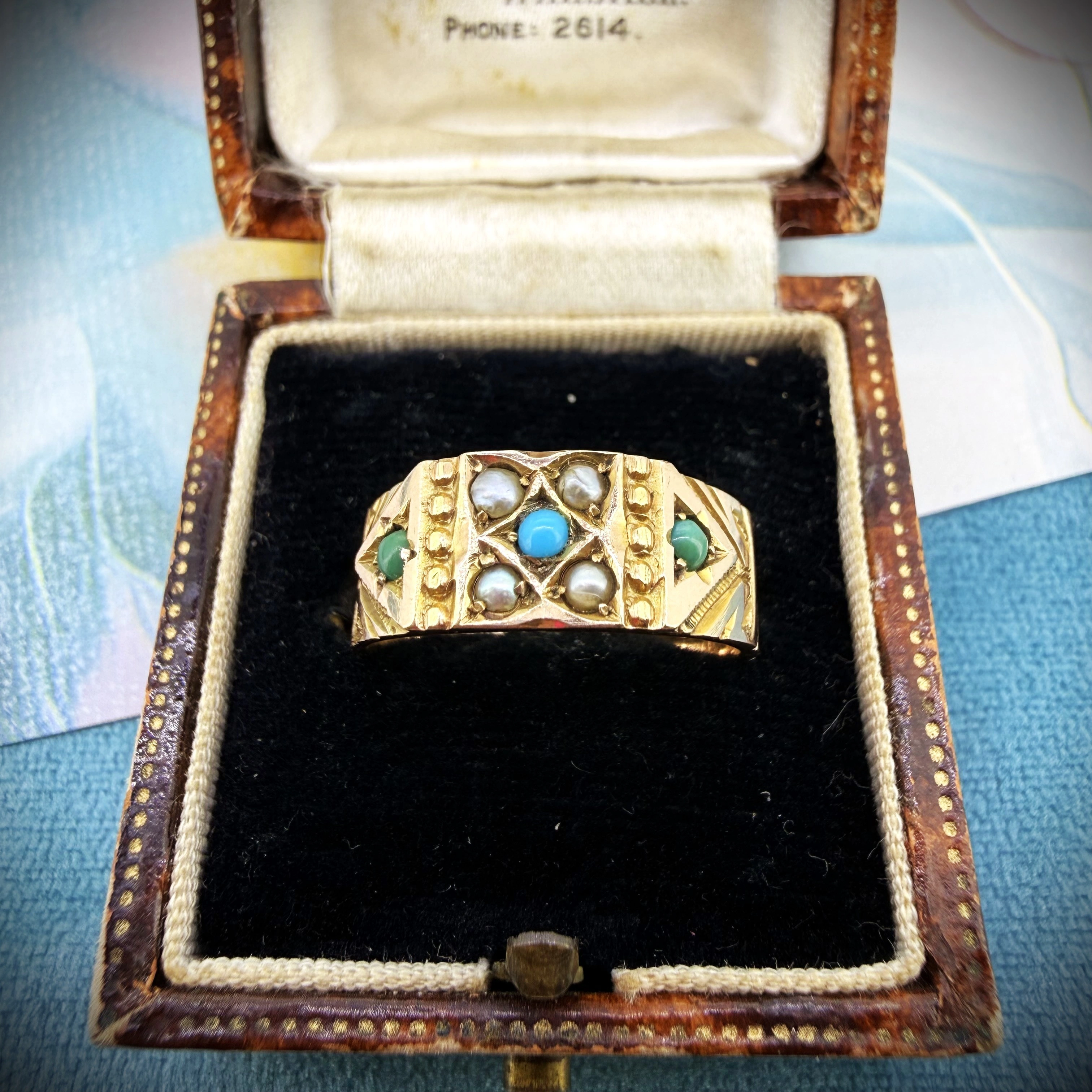 Birmingham 1883! Victorian 9ct Yellow Gold Turquoise and Pearl Ring